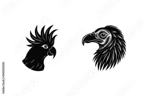 Vector illustration featuring black cockatoo and eagle head silhouette design on white background