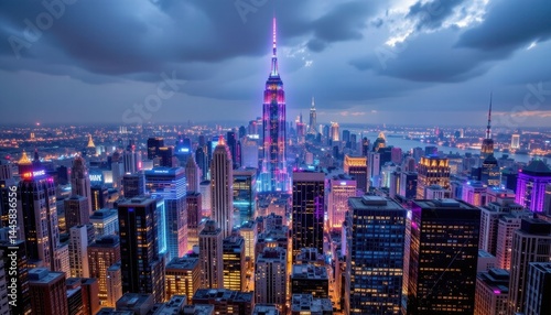 A visually captivating and energizing portrayal of a bustling cityscape, where towering skyscrapers seem to pulse with vibrant neon hues