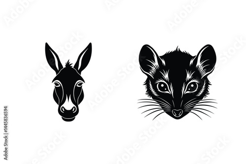 Monochrome animal head silhouettes featuring a donkey and a rat minimalist black and white design