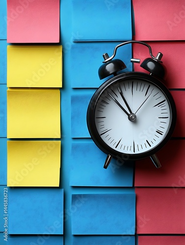 Alarm Clock and Colorful Sticky Notes on a Wall