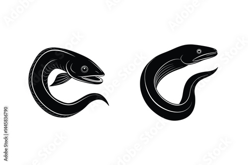 Two elegant black eel silhouettes on a clean white background design elements