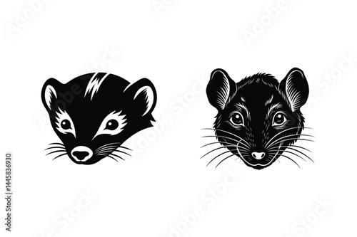 Black and white animal heads weasel and rat vector illustration isolated on white background