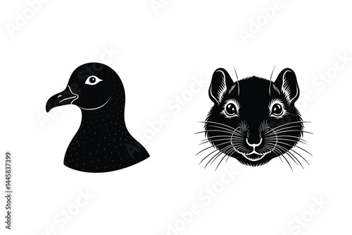 Black and white graphic illustration featuring duck head and chipmunk head animal portraits design