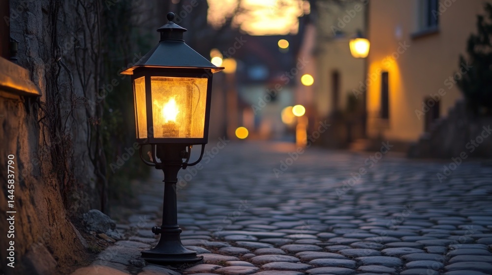 Cobblestone street lantern at dusk Cobblestone street lantern at dusk