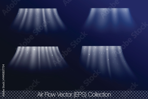Flow of cooled air with white elements of cold glow, vector (EPS) isolated illustration set on transparent background. Wind, air flow, conditioned air, air ventilation and climatic comfort set