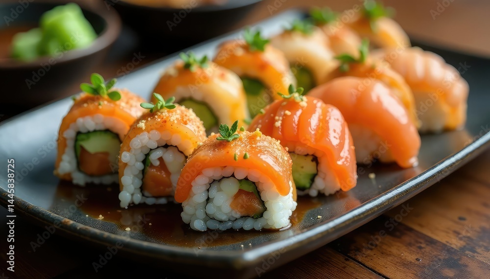 Variety of sushi rolls on a plate, wasabi, soy sauce, japanese, cuisine Variety of sushi rolls on a plate, wasabi, soy sauce, japanese, cuisine
