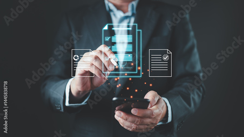 A businessman uses a stylus and smartphone to complete a digital document with a glowing e-signature, representing modern signing processes and efficient handling of virtual paperwork.