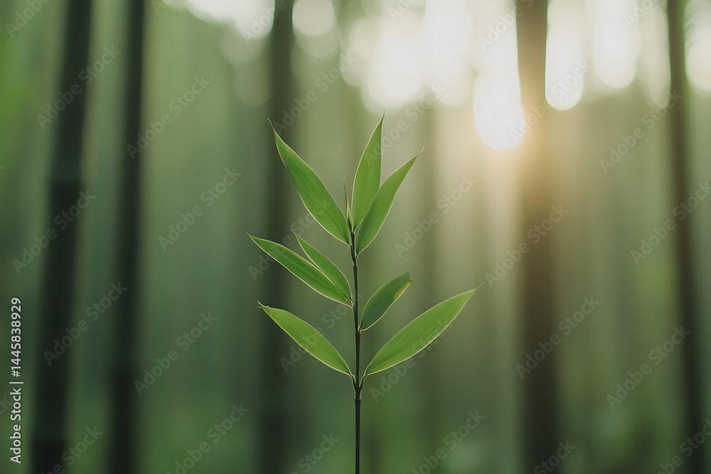 Obraz premium Bamboo shoot in a forest, illuminated by sunlight filtering through trees. A tranquil scene embodying growth, nature, and the calming essence of a woodland.