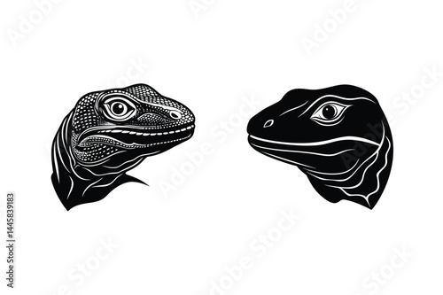 Stylized monochrome vector illustration featuring two lizard head designs on a clean white background