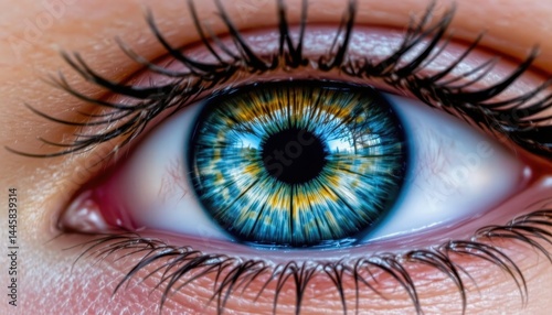 The closeup image captures the vibrant hues of a mesmerizing eye, revealing intricate patterns and shades of blue, green, and gold blending seamlessly together.