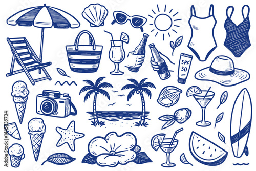 Doodle style illustrations featuring sunny beach vacation essentials for memorable summer holidays, sketched in blue