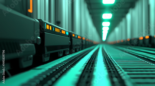 A futuristic train travels through a brightly lit tunnel, viewed from track level with glowing lights and sleek design.