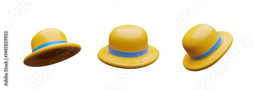 3d collection summer hat for beach. Three-dimensional set sun protection head wear accessory. Straw clothing for vacation. Panama with ribbon. Lady farmer costume. Woman elegant design for travelling.