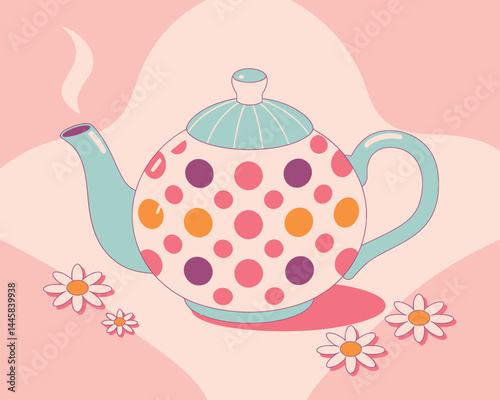 Whimsical Polka Dot Teapot Illustration with Swirls and Bright Colors