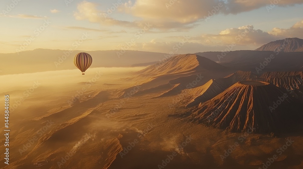 Naklejka premium Sunrise hot air balloon over volcanic landscape.