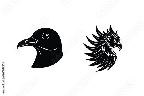 Black and white bird portraits of pigeon and eagle vector art illustration
