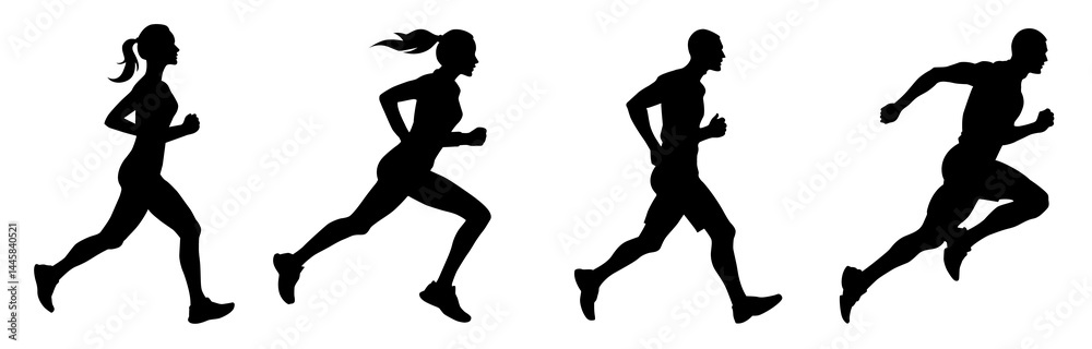 Running man and woman silhouettes set. Male and female runners figure shapes. Bare and naked slim healthy people work out