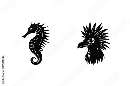 Elegant black seahorse and cockatoo head silhouette vector set graphic design elements