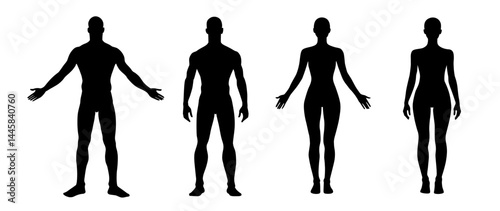 Man and woman body silhouette. Vector human figure outline. Male and female front view body shapes standing full height. Bare and naked slim healthy people.
