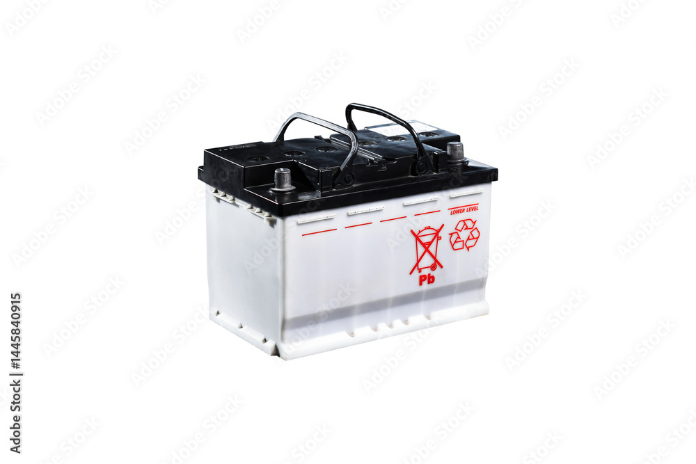 Old Car Battery Isolated, A automotive lead acid battery with carrying handles. car part, power source, png file.