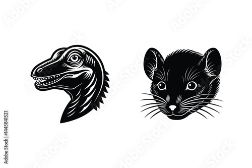 Dinosaur and mouse black silhouette vector illustration depicting extinction and modern wildlife contrasts