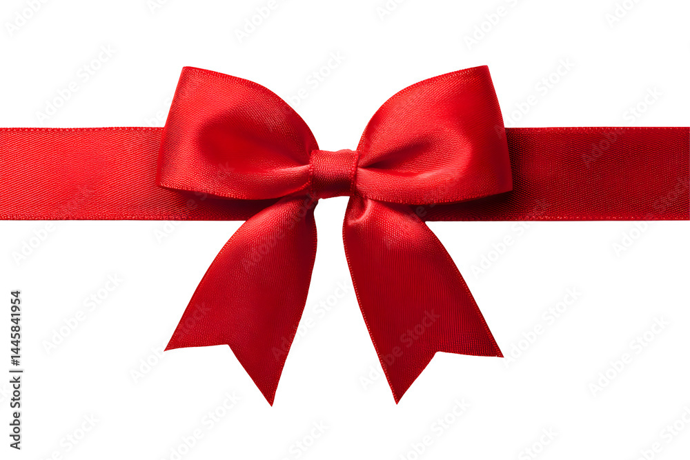Fototapeta premium Bright red, silky ribbon tied in a neat bow, centered on a transparent background, presents a delicate gift wrap detail