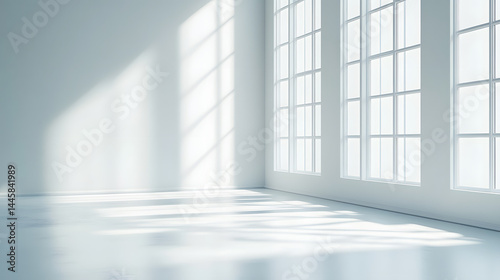 Bright and spacious modern interior with large windows minimalist design pure white background natural light