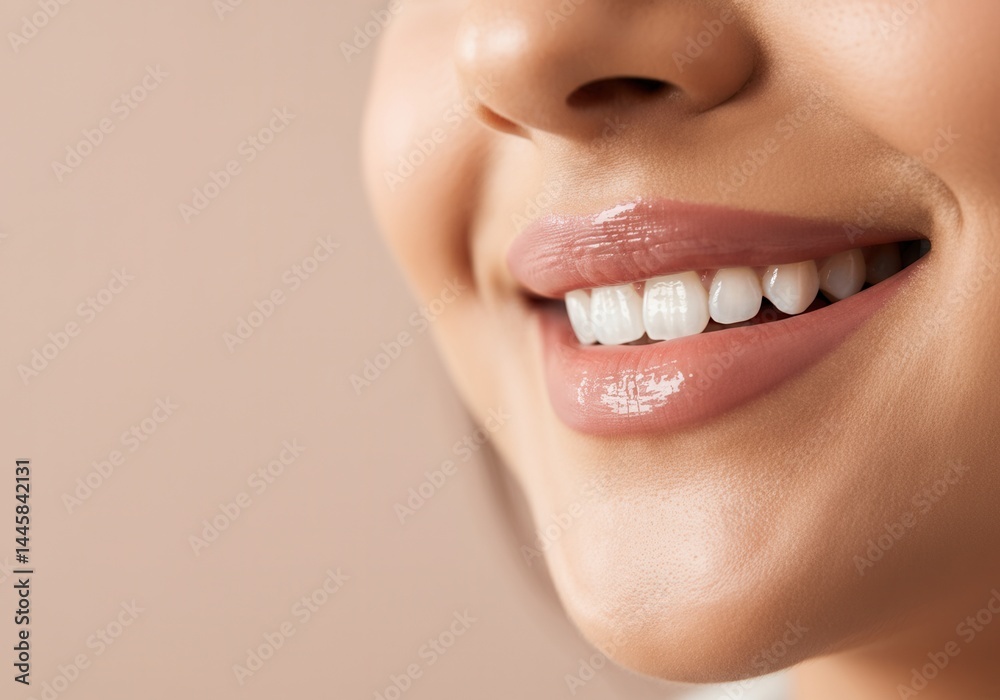 Obraz premium Close-up of smiling young woman's mouth with smooth skin and glossy lips