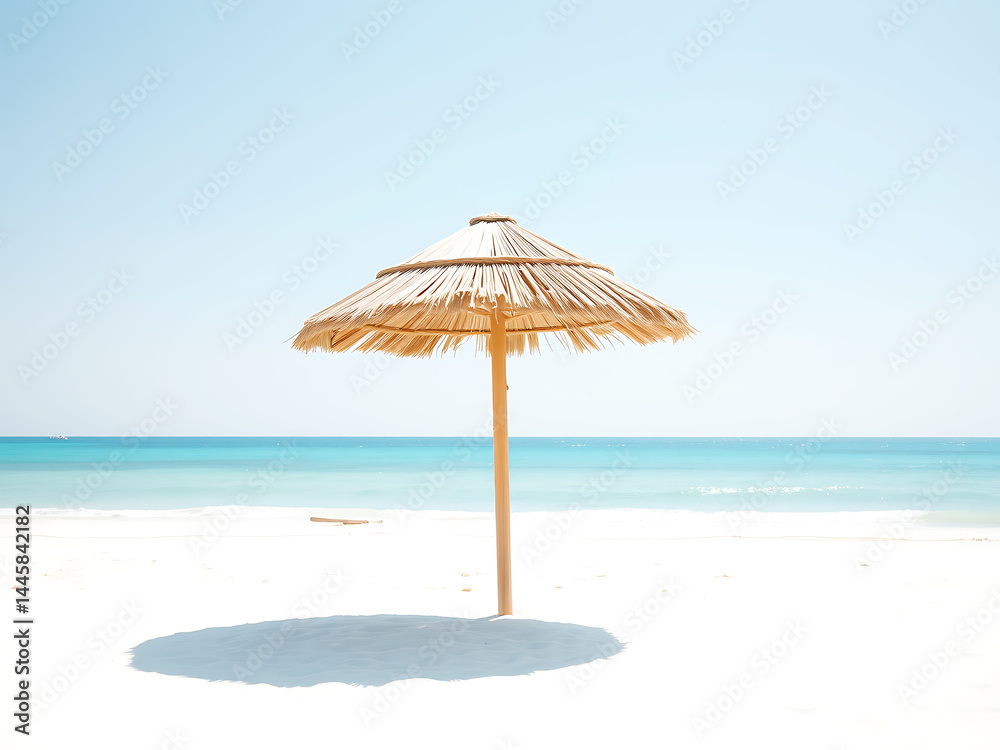 Serene Beach Umbrella on Pristine White Sand Under a Clear Blue Sky Serene Beach Umbrella on Pristine White Sand Under a Clear Blue Sky