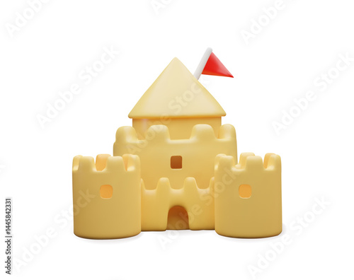3d sand castle with flag on the beach. Three-dimensional vector illustration child vacation near the sea. Playing leisure game architecture on coastline. Holiday season relaxation. Enjoy in paradise
