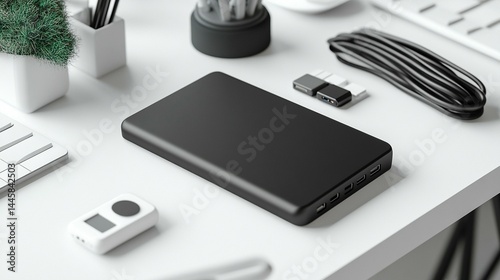 Black power bank on a minimalist white desk with office supplies.