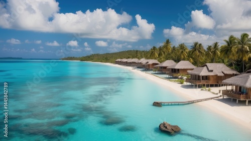 A row of overwater bungalows extends along a tropical beach.