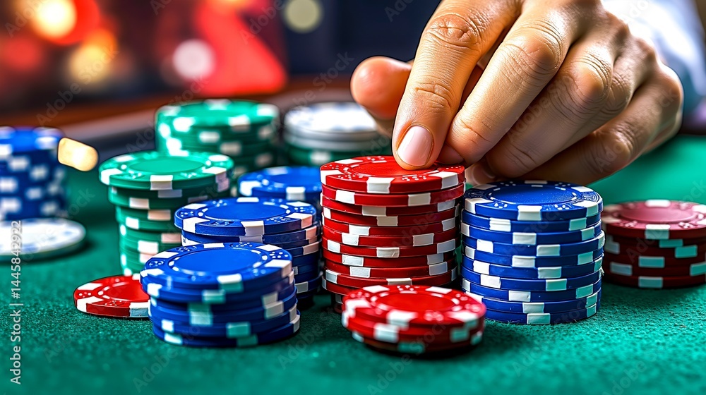A person placing a chip on top of a pile of poker chips A person placing a chip on top of a pile of poker chips