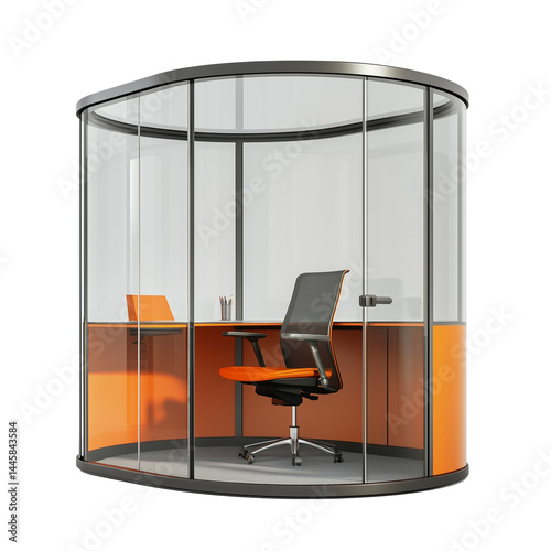 Modern Curved Glass Office Cubicle with Orange Chair and Desk on Transparent Background