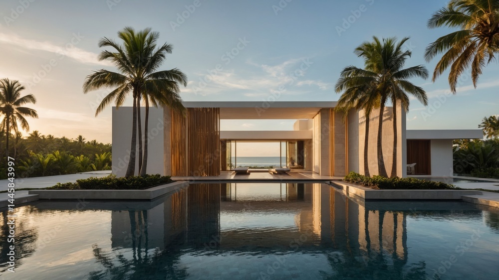 Fototapeta premium A beautiful pool framed by palm trees at a beachfront luxury villa showcasing tropical modern design elements