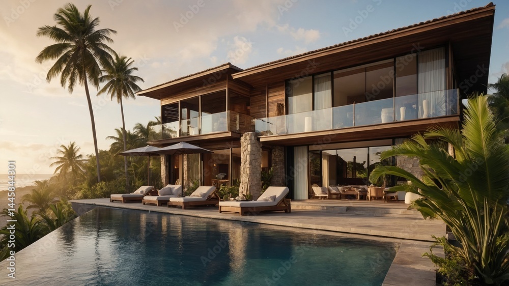 Fototapeta premium Contemporary house nestled among lush greenery in a coastal setting offering modern comforts and relaxation near the oceanfront paradise