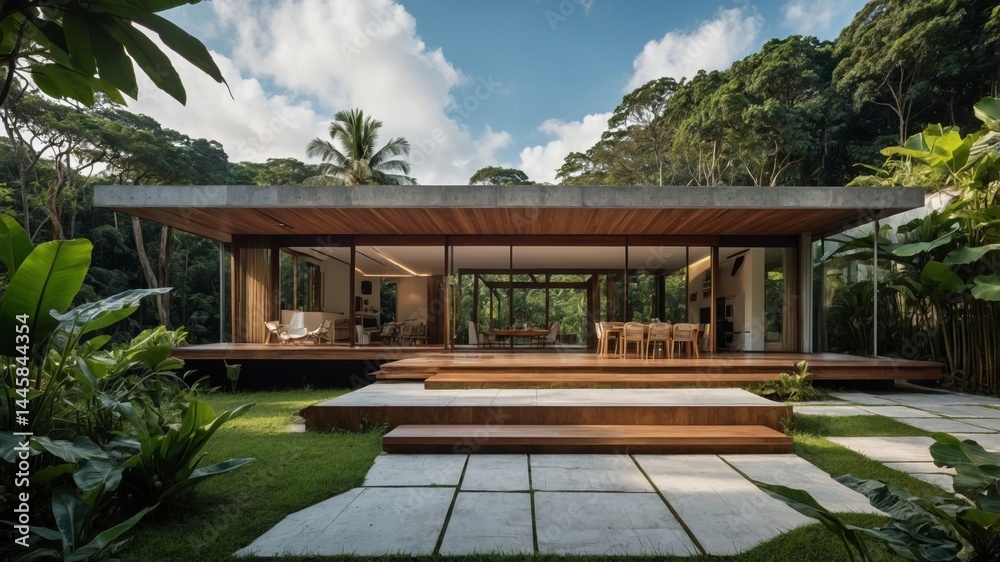 Fototapeta premium Unique compact modern house in the heart of a lush jungle surrounded by tropical flora and providing a serene escape into nature