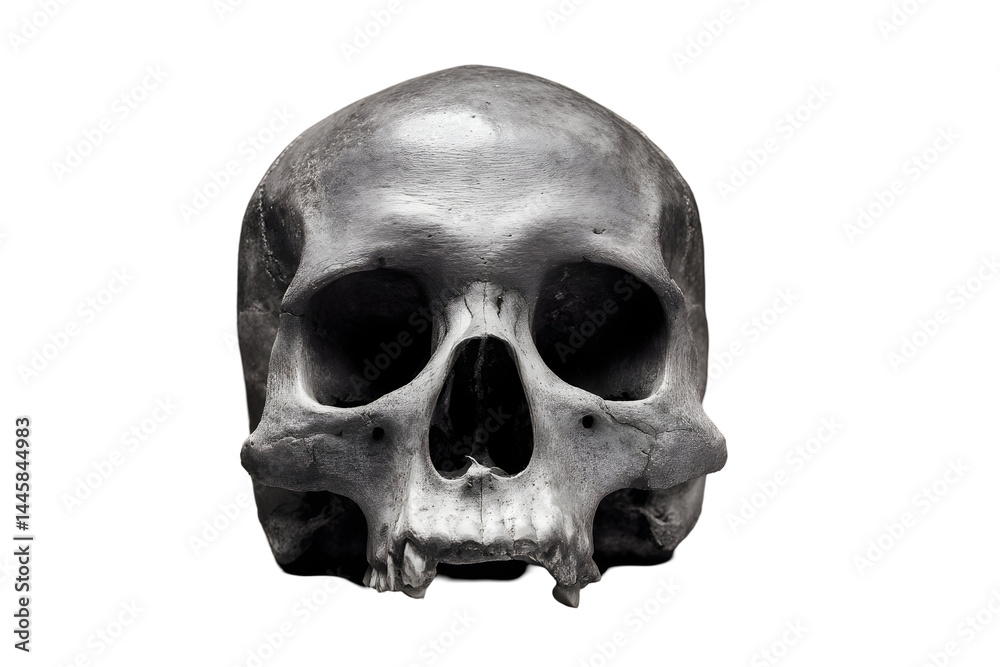 Skull in monochrome against a transparent background, showing texture and depth. Eyesockets, and jaw form visible Skull in monochrome against a transparent background, showing texture and depth. Eyesockets, and jaw form visible