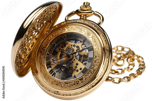 Elegant gold pocket watch intricate detail skeleton movement visible gears classic chain timeless