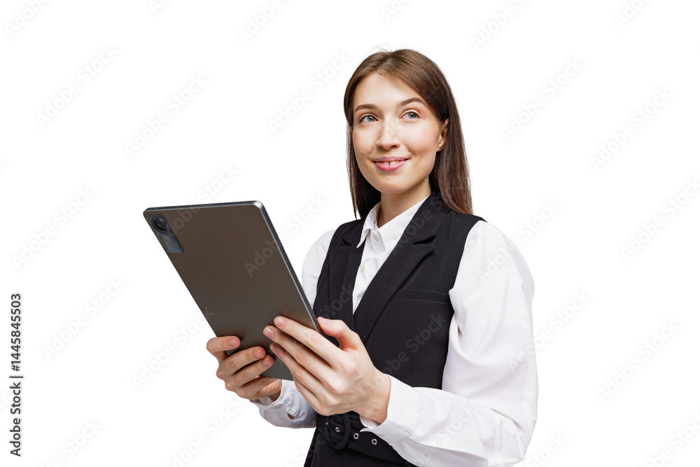 Smiling professional woman engaging with tablet in a bright, minimalist background setting Smiling professional woman engaging with tablet in a bright, minimalist background setting