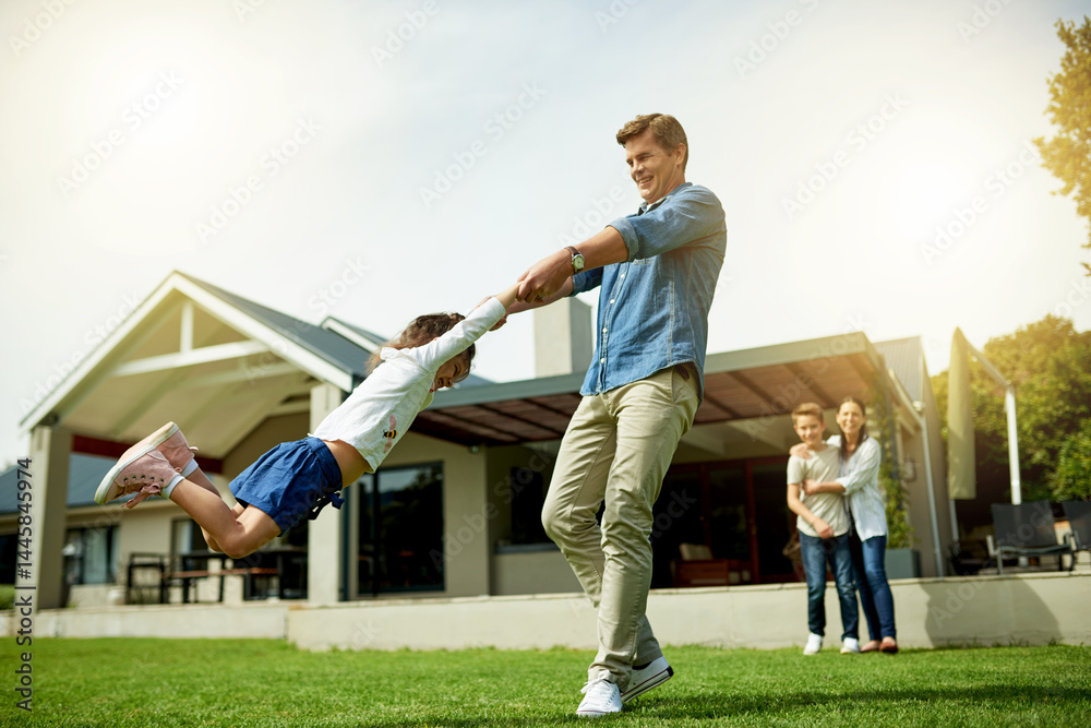 Outdoor, family and father swinging kid in home garden for bonding, connection and fun together. Happy, love and dad spinning and playing with girl child on weekend in backyard of house in summer.