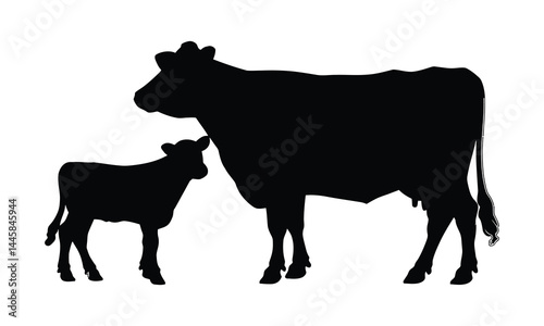 A black and white silhouette vector illustration depicts a cow and calf, farm animals and cattle