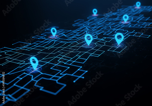 Glowing location pins highlight a route on a digital map, showcasing navigation concepts.