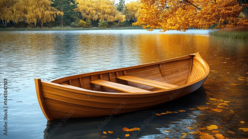 Obraz premium Wooden rowboat on calm autumn lake