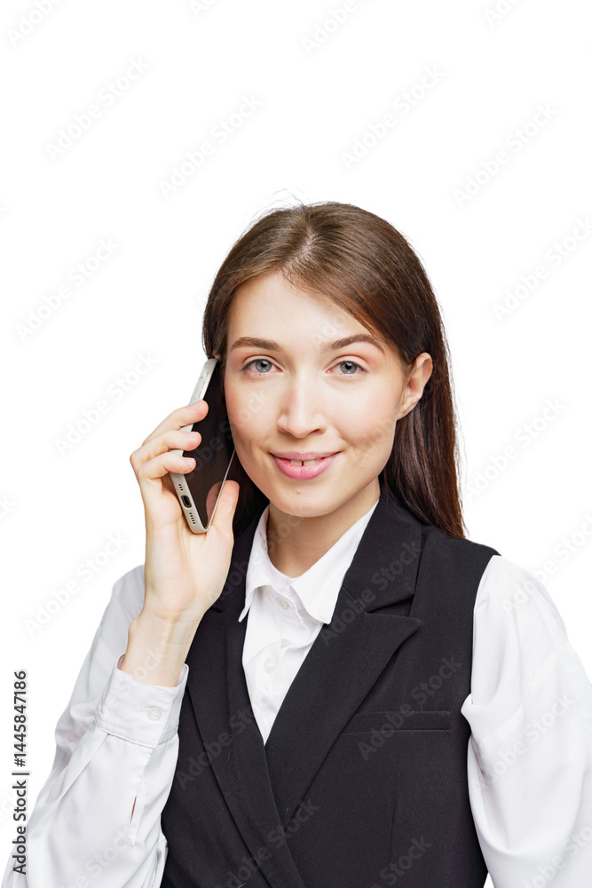 Smiling businesswoman engaged in a positive phone conversation in a modern office setting Smiling businesswoman engaged in a positive phone conversation in a modern office setting