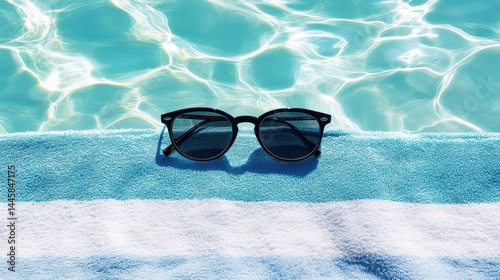 Stylish sunglasses resting on a poolside towel.