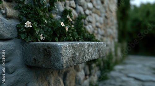 Stone ledge with flowers adorning a rustic wall