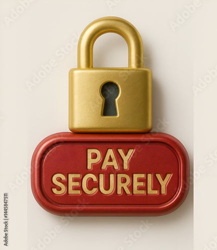 Pay securely icon with gold padlock and red button design featuring bold golden text on light background
