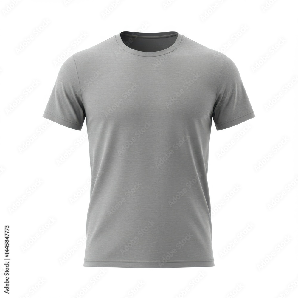 Close up shot of a gray t shirt with short sleeves displayed against a white background plain and simple Close up shot of a gray t shirt with short sleeves displayed against a white background plain and simple