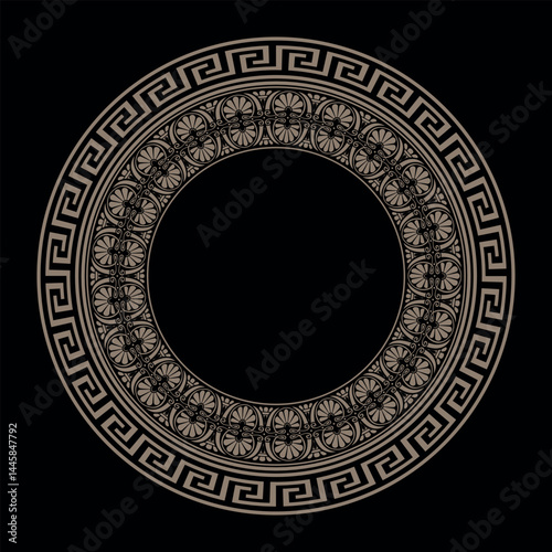 Decorative Gold Round greek ornament pattern on black background. Typical egyptian, assyrian, chinese, greek motives. Template for textile, embroidery, ceramic, porcelain, engraving, wooden furniture